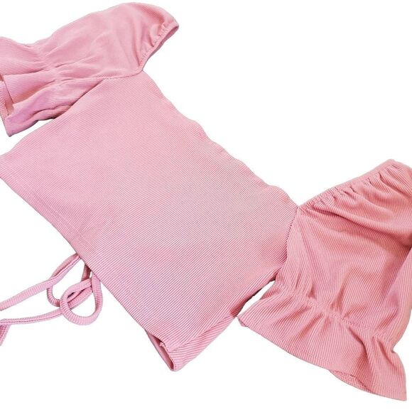 💛 Privy Pink Ribbed Crop Top with Statement Ruffle Sleeves Women's Size Medium - Picture 6 of 6